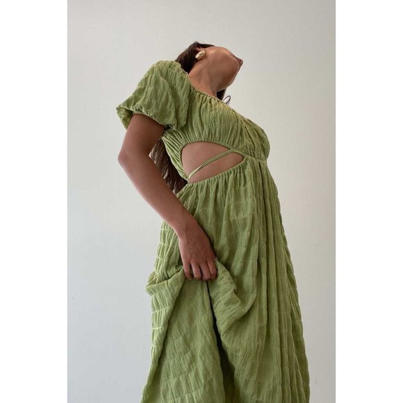 Spring Style Green Matcha Cut-Out Midi Dress 100% Cotton - Picture 9 of 11